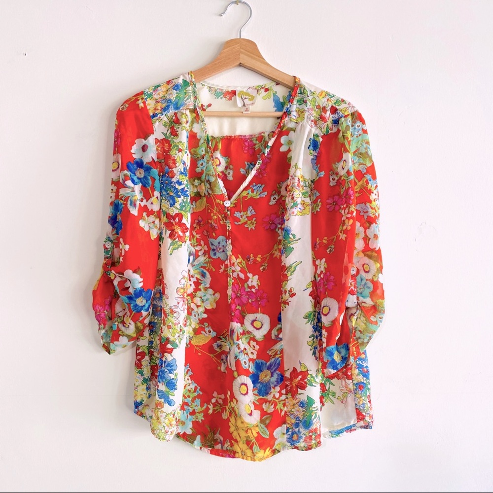 Anthropologie Fig & Flower Red Ivory Blue Floral Sheer Boho Blouse Top V Neck S